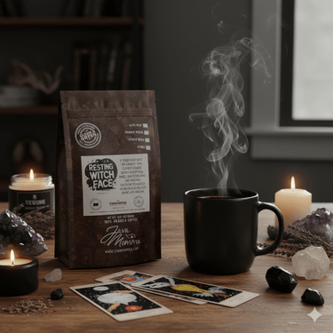 A steaming black mug of keto-friendly Resting Witch Face Coffee | Coffee Liqueur Flavored Medium Roast sits on a wooden table amid lit candles, crystals, tarot cards, and a teasone jar, creating a cozy, mystical vibe.